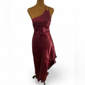 Y2K Vintage Asymmetric Burgundy One Shoulder Romantic Holiday Ruffle Hem Dress